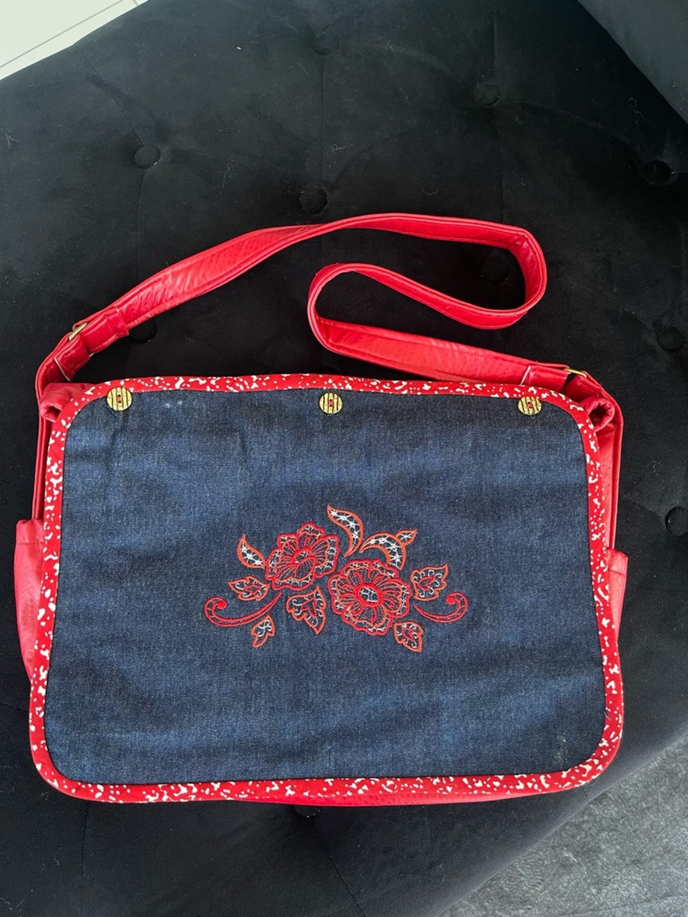 Denim Crossbody Bag with Red Floral Embroidery